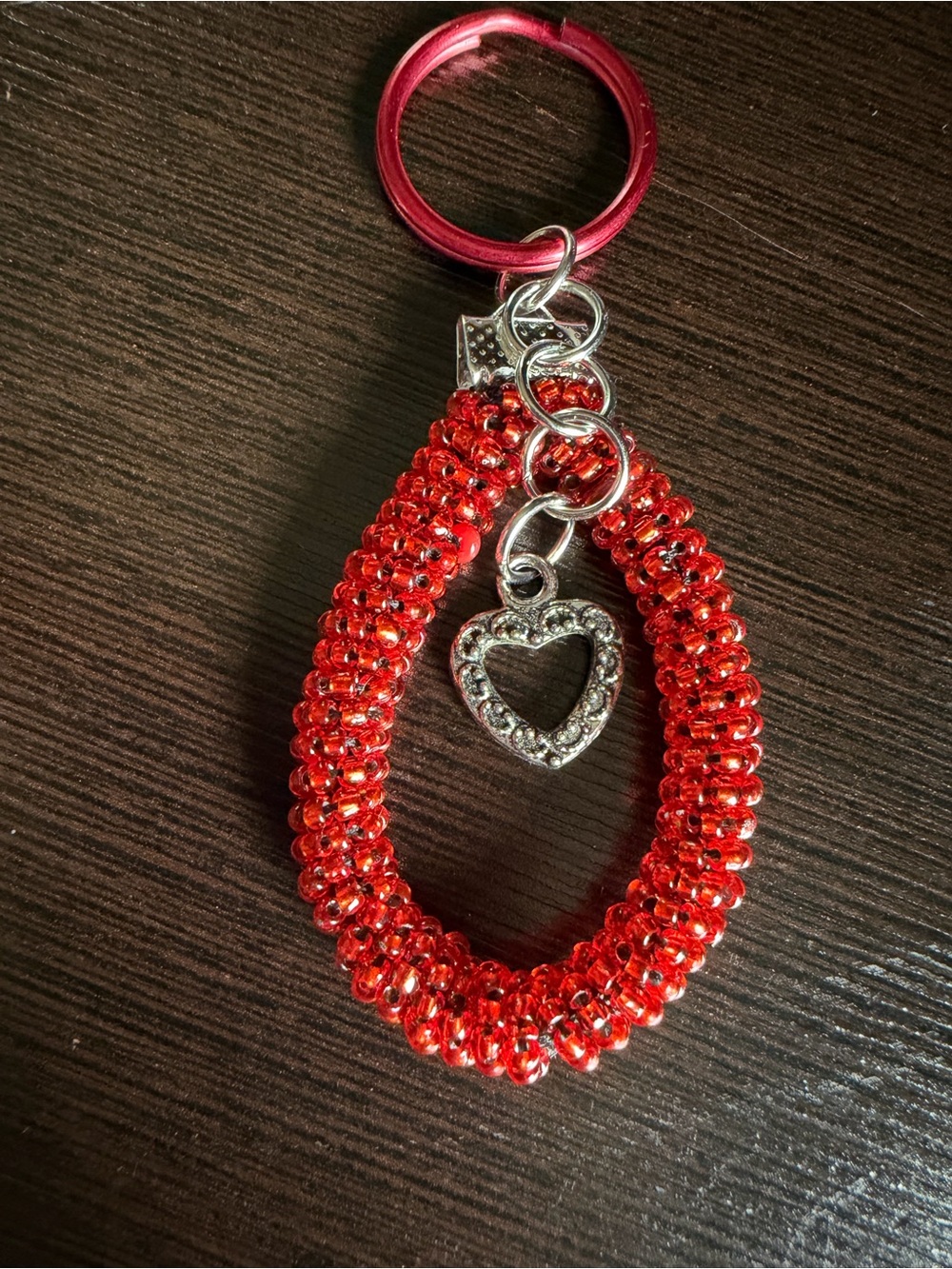 Red Beaded Heart Charm Key Ring